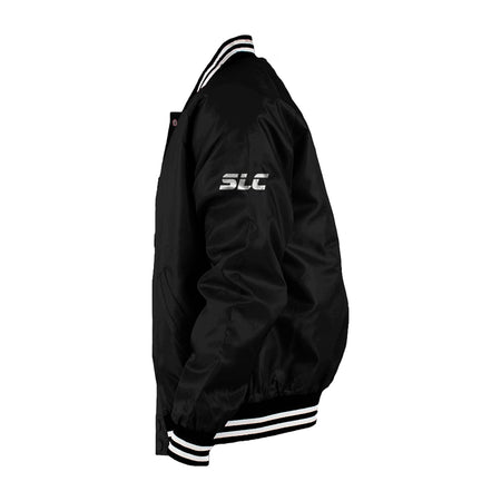 Front view of Black Men's Varsity Bomber Jacket with white striped cuffs