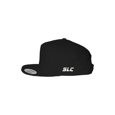 A black flat-brim snapback hat by Something Light Clothing. The front features a centered, white embroidered circular "SLC" monogram logo. An authentic "The Authentic Yupoong Snapback" silver sticker is visible on the top of the brim.