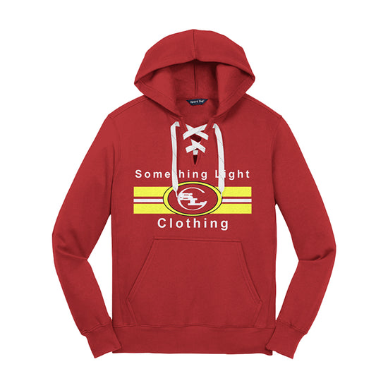 Deep red pullover hooded sweatshirt with front kangaroo pocket