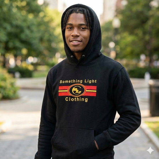 Gray chest logo hoodie from Something Light Clothing featuring a casual fit and a prominent brand logo on the front.
