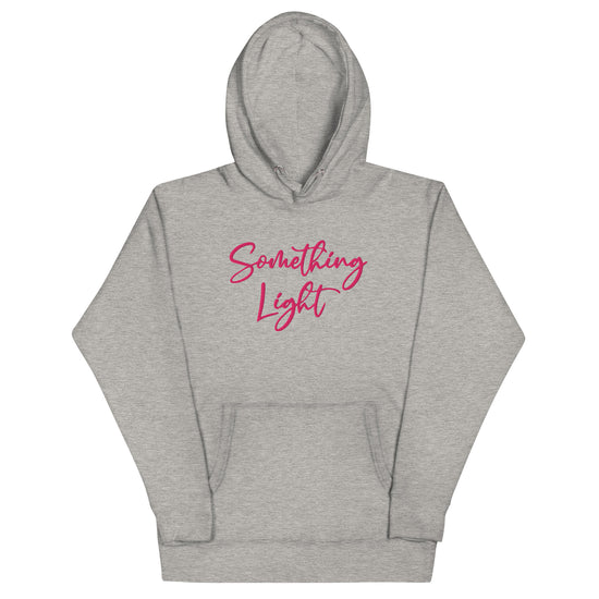 Front view of a grey SLC premium ladies hooded sweatshirt featuring a kangaroo pocket and matching drawstrings