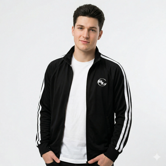 Black SLC™ OG Logo track jacket from Something Light Clothing, featuring a hood and logo design on the front.