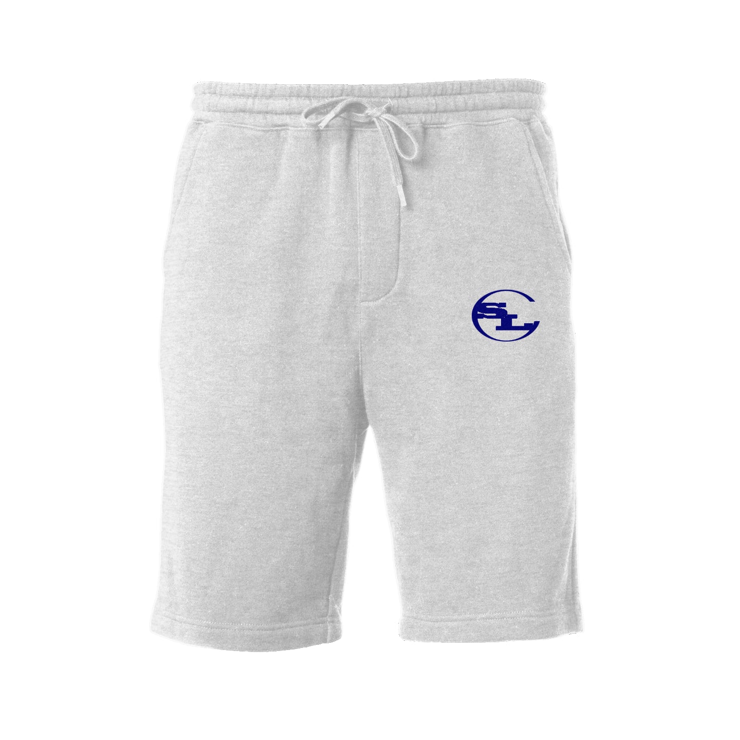 Light gray SLC™ fleece shorts from Something Light Clothing, featuring a comfortable elastic waistband and soft fabric.
