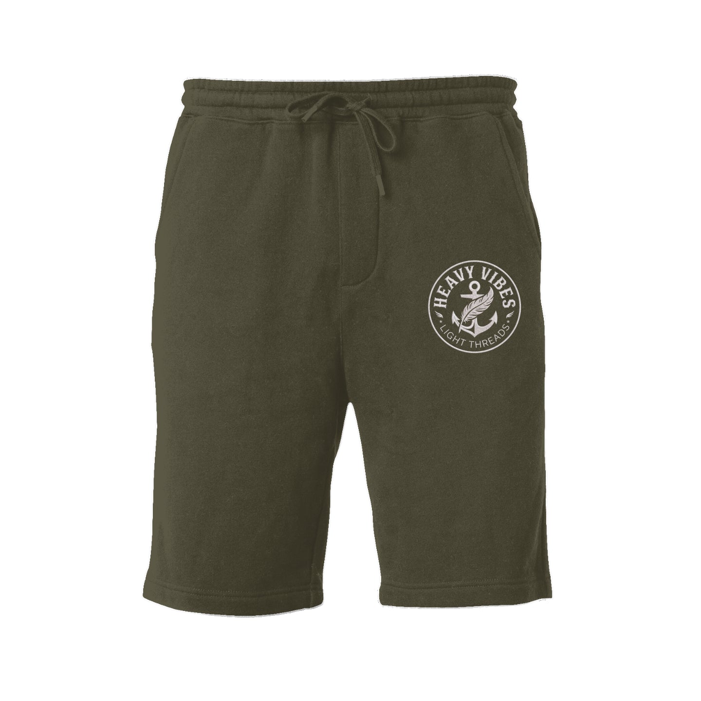 Black SLC™ Heavy Vibes shorts by Something Light Clothing displayed on a hanger, showcasing casual fit and stylish design.
