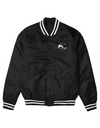 Front view of Black Men's Varsity Bomber Jacket with white striped cuffs