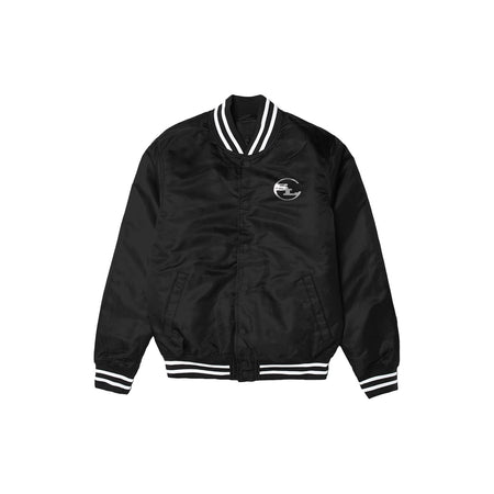 Front view of Black Men's Varsity Bomber Jacket with white striped cuffs