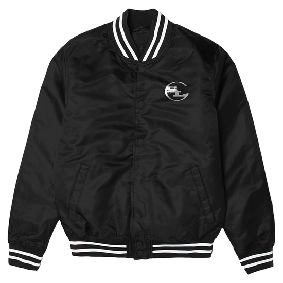 Front view of Black Men's Varsity Bomber Jacket with white striped cuffs
