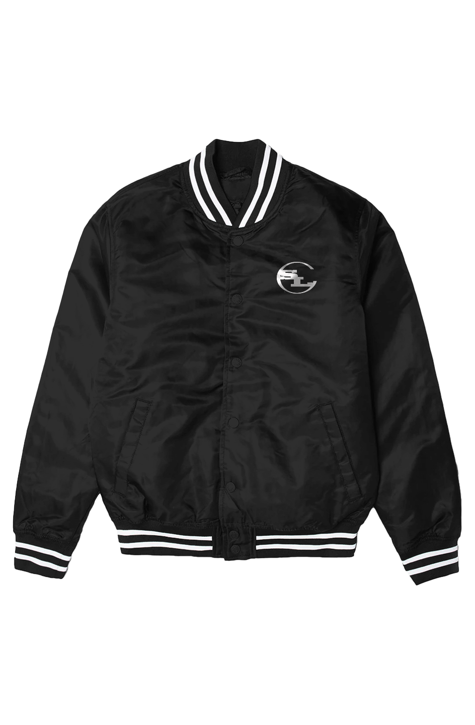 Front view of Black Men's Varsity Bomber Jacket with white striped cuffs