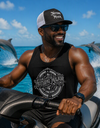 Man riding jet ski with dolphins jumping in background, wearing the SLC™ Nothing Major black tank top and matching trucker hat