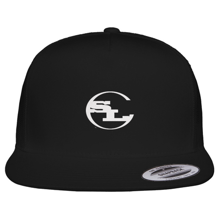  A classic black 5-panel trucker hat featuring a breathable mesh back and a structured front. A white circular SLC monogram is embroidered on the center, complemented by a flat brim and authentic silver snapback seal.