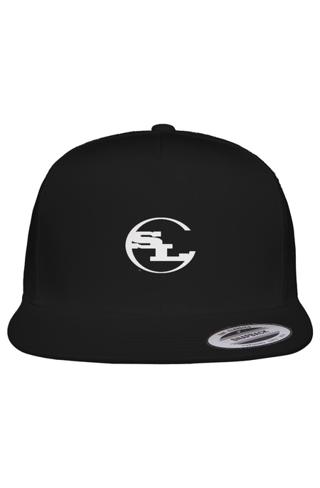  A classic black 5-panel trucker hat featuring a breathable mesh back and a structured front. A white circular SLC monogram is embroidered on the center, complemented by a flat brim and authentic silver snapback seal.