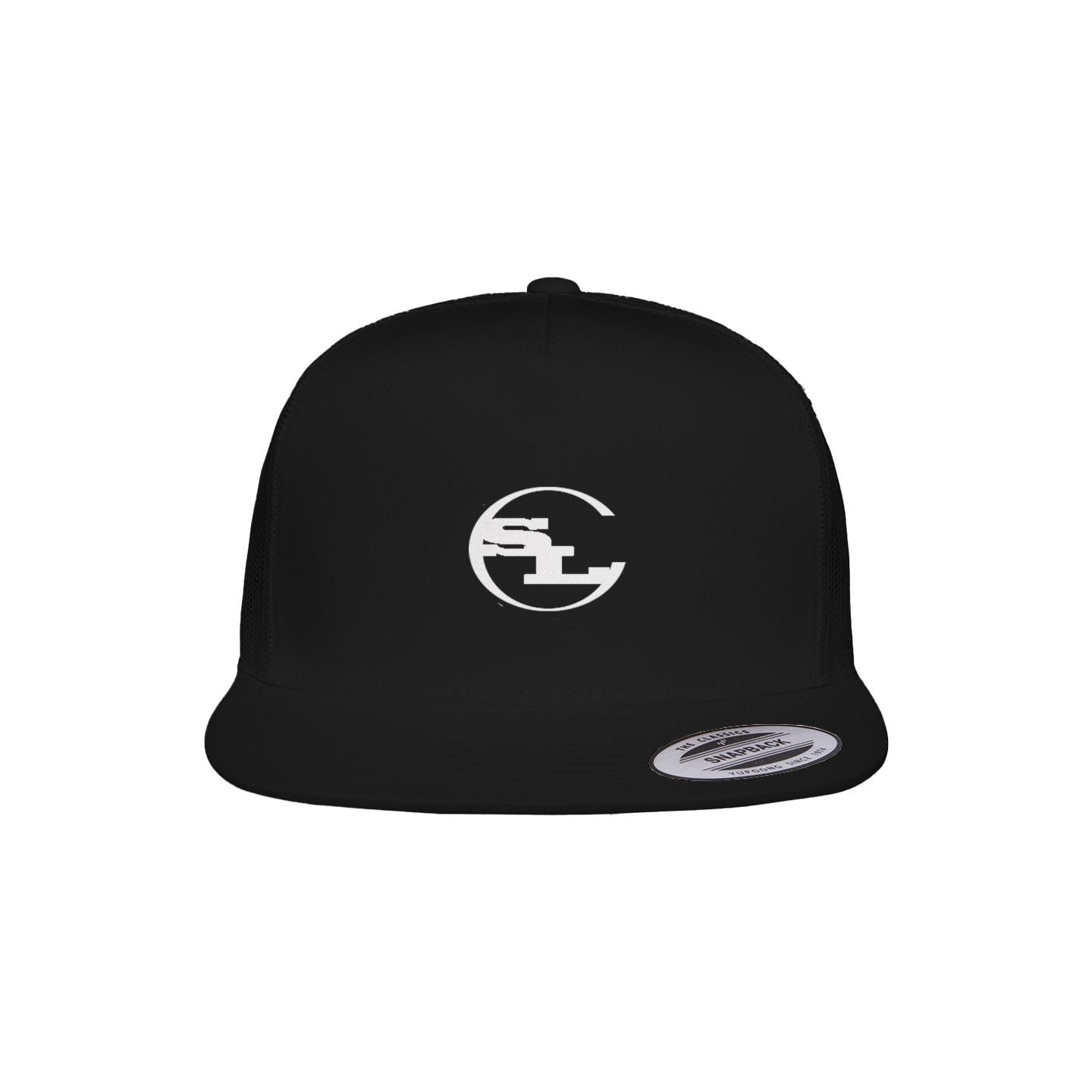  A classic black 5-panel trucker hat featuring a breathable mesh back and a structured front. A white circular SLC monogram is embroidered on the center, complemented by a flat brim and authentic silver snapback seal.