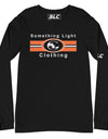 Front view of a black long-sleeve t-shirt featuring a central graphic. The chest design includes the text "Something Light Clothing" in white sans-serif font, sandwiching three horizontal stripes (orange, white, and orange). Centered on the stripes is a circular "SLC" logo with a stylized monogram. A smaller white SLC logo is visible on the left sleeve, and the inner neck label shows the SLC brand mark.