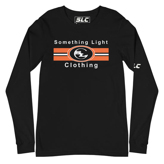 Front view of a black long-sleeve t-shirt featuring a central graphic. The chest design includes the text "Something Light Clothing" in white sans-serif font, sandwiching three horizontal stripes (orange, white, and orange). Centered on the stripes is a circular "SLC" logo with a stylized monogram. A smaller white SLC logo is visible on the left sleeve, and the inner neck label shows the SLC brand mark.