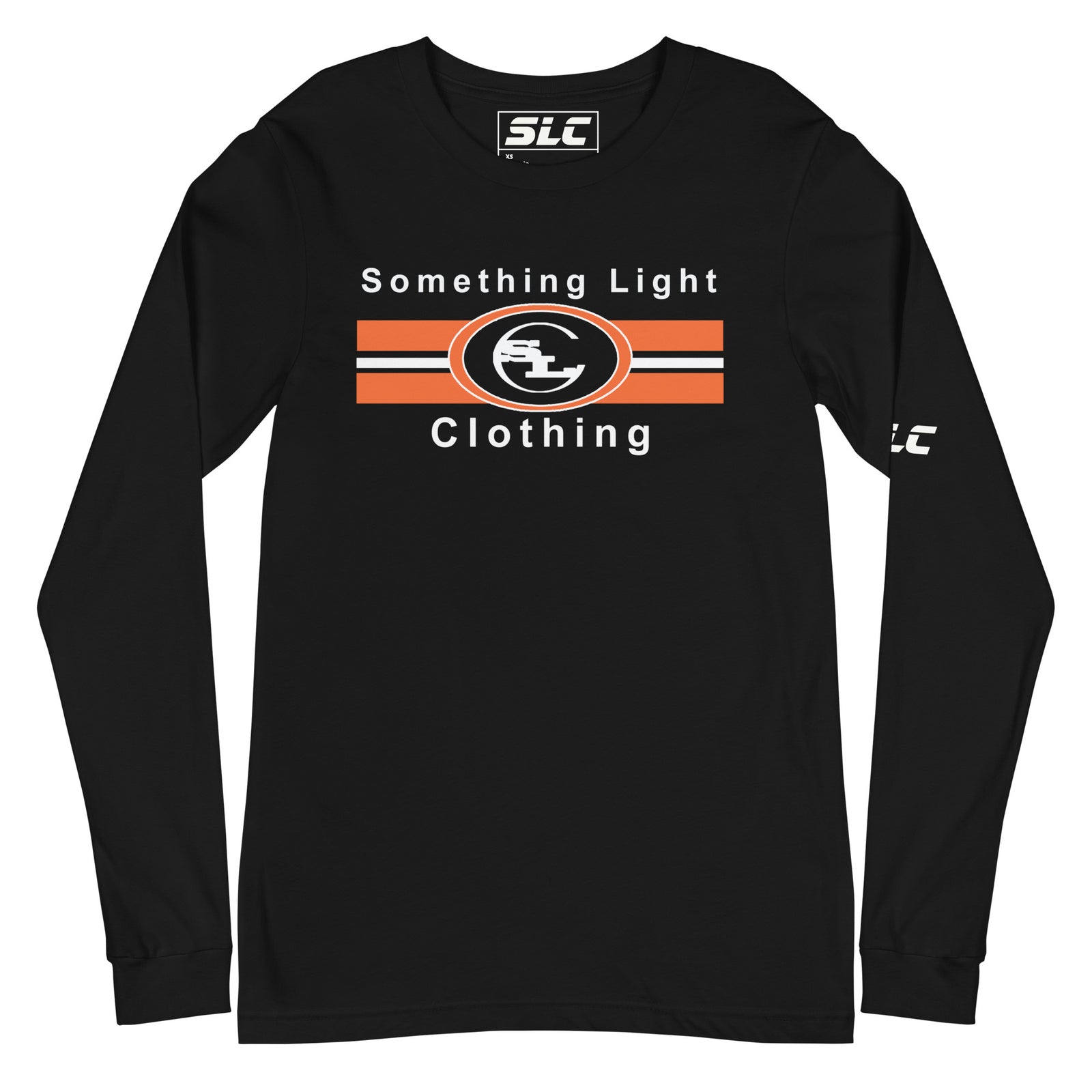 Front view of a black long-sleeve t-shirt featuring a central graphic. The chest design includes the text "Something Light Clothing" in white sans-serif font, sandwiching three horizontal stripes (orange, white, and orange). Centered on the stripes is a circular "SLC" logo with a stylized monogram. A smaller white SLC logo is visible on the left sleeve, and the inner neck label shows the SLC brand mark.