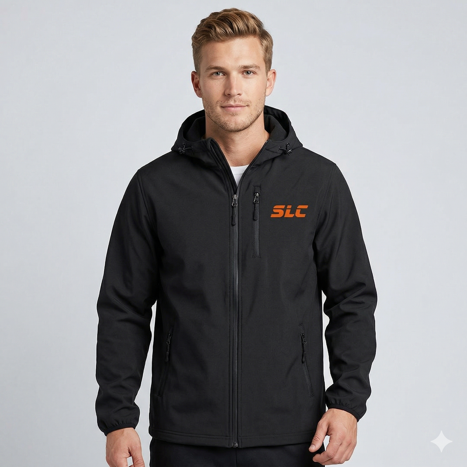 Black SLC™ Poly-Tech Soft Shell Jacket from Something Light Clothing, showing front view with zip closure and adjustable cuffs.