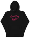 Front view of a black SLC premium ladies hooded sweatshirt featuring a kangaroo pocket and matching drawstrings