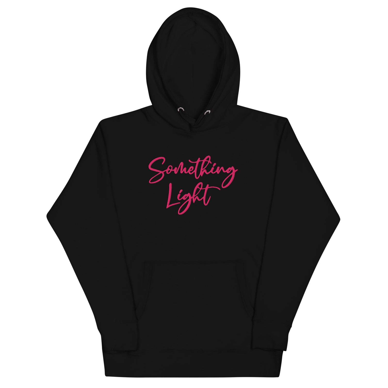 Front view of a black SLC premium ladies hooded sweatshirt featuring a kangaroo pocket and matching drawstrings