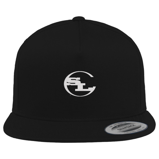 A black flat-brim snapback hat by Something Light Clothing. The front features a centered, white embroidered circular "SLC" monogram logo. An authentic "The Authentic Yupoong Snapback" silver sticker is visible on the top of the brim.