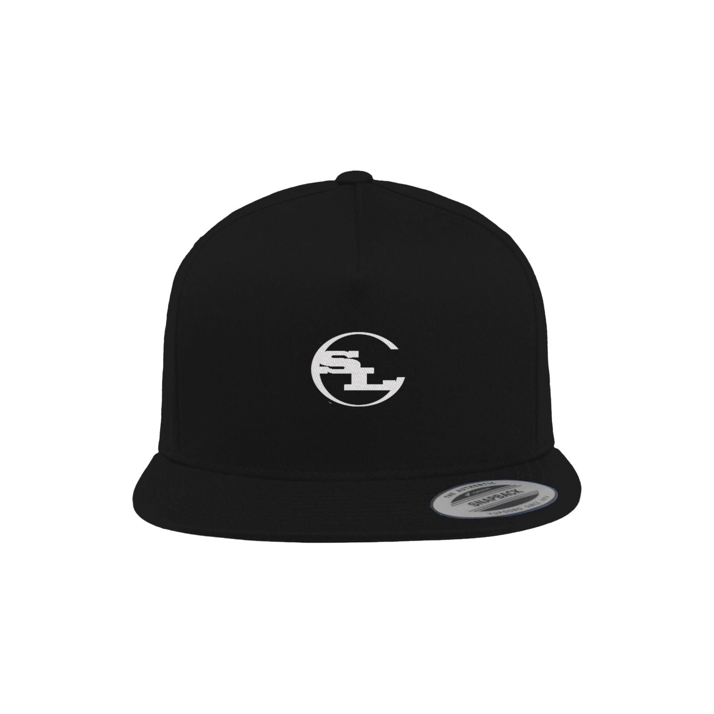 A black flat-brim snapback hat by Something Light Clothing. The front features a centered, white embroidered circular "SLC" monogram logo. An authentic "The Authentic Yupoong Snapback" silver sticker is visible on the top of the brim.