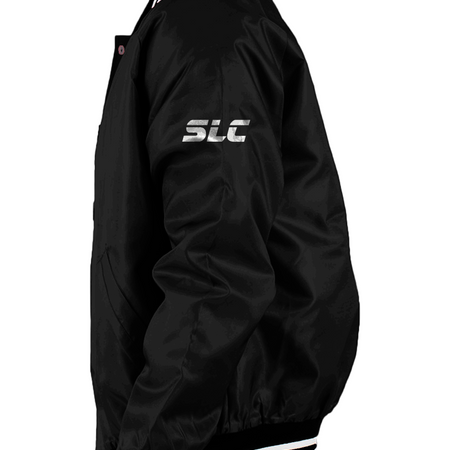 Front view of Black Men's Varsity Bomber Jacket with white striped cuffs