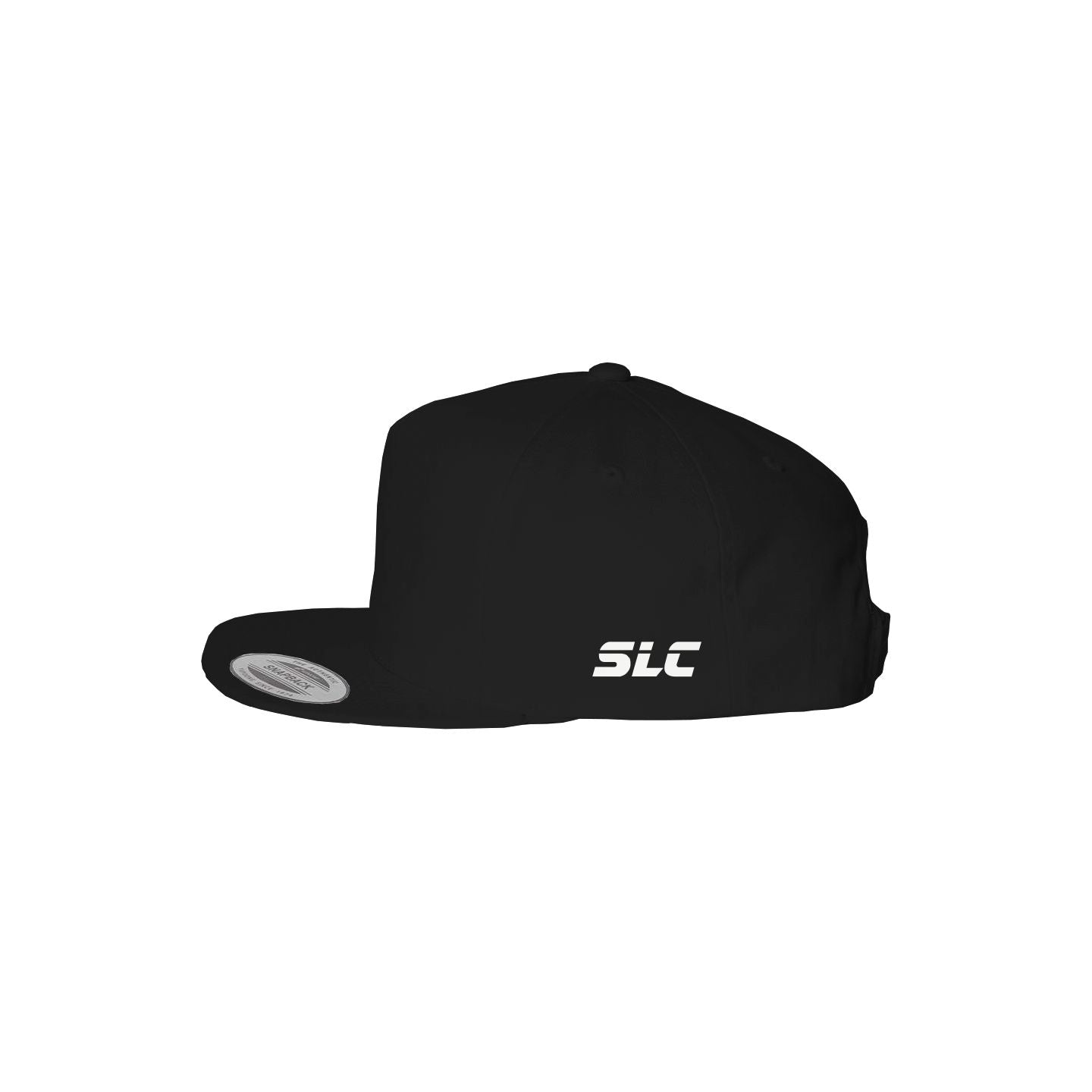 A black flat-brim snapback hat by Something Light Clothing. The front features a centered, white embroidered circular "SLC" monogram logo. An authentic "The Authentic Yupoong Snapback" silver sticker is visible on the top of the brim.