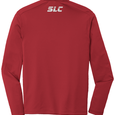 True red long sleeve polo shirt with SLC logo on the chest and a three-button placket