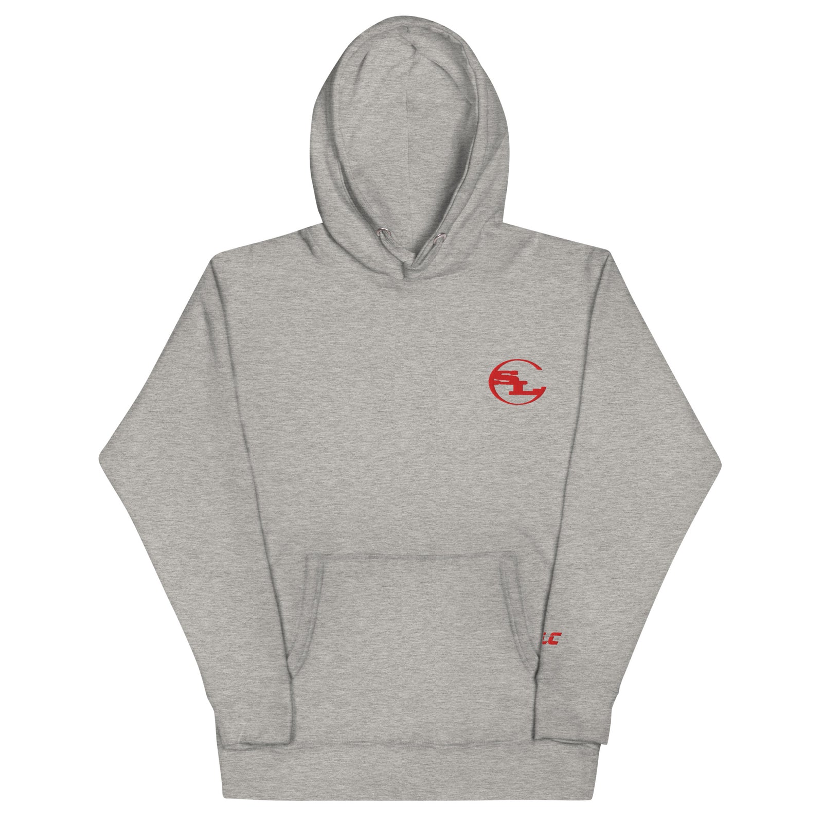 Premium Carbon Grey fleece hooded sweatshirt featuring the SLC OG logo and matching drawstrings