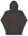 Front view of a charcoal heather SLC premium ladies hooded sweatshirt featuring a kangaroo pocket and matching drawstrings