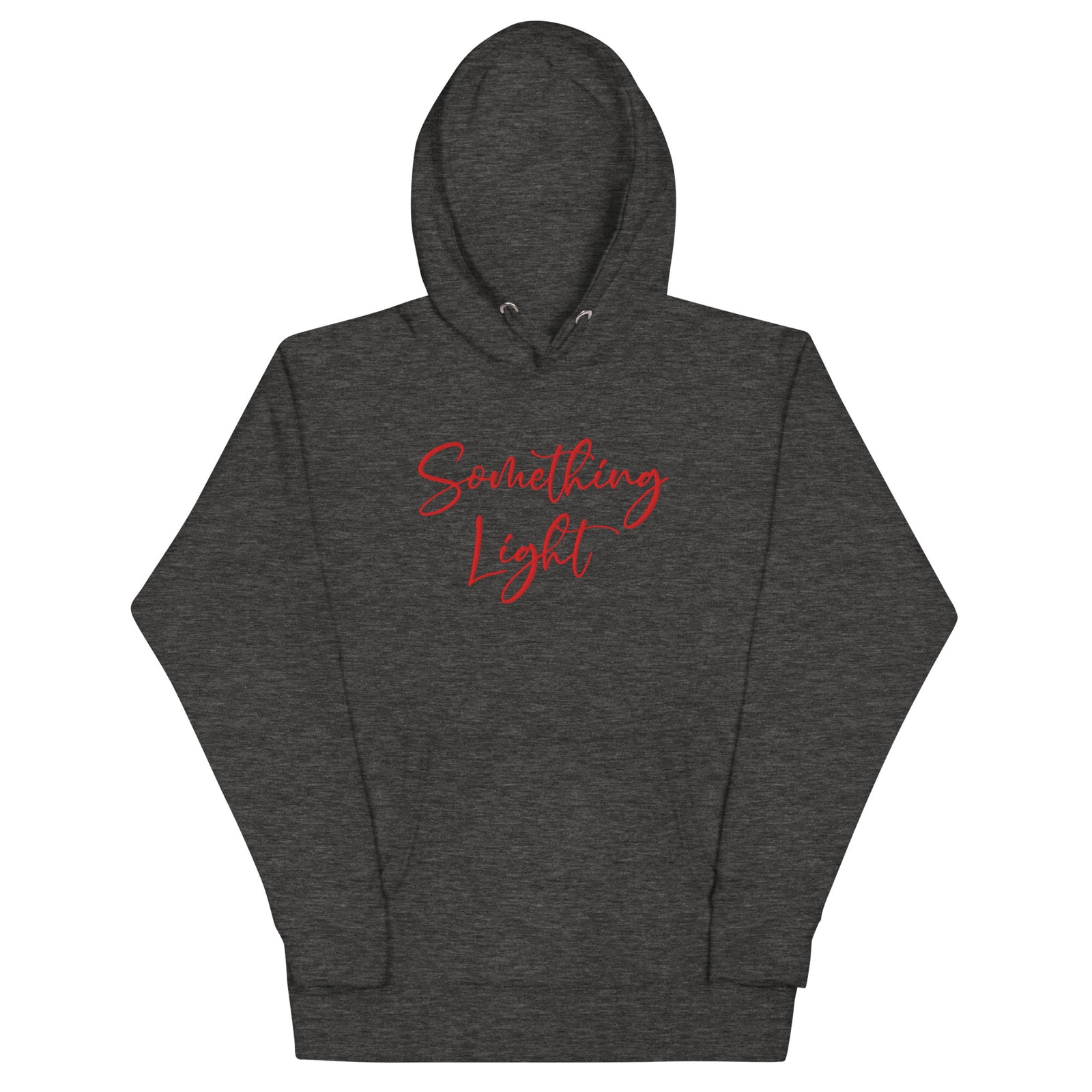 Front view of a charcoal heather SLC premium ladies hooded sweatshirt featuring a kangaroo pocket and matching drawstrings