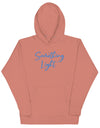 Front view of a dusty rose SLC premium ladies hooded sweatshirt featuring a kangaroo pocket and matching drawstrings