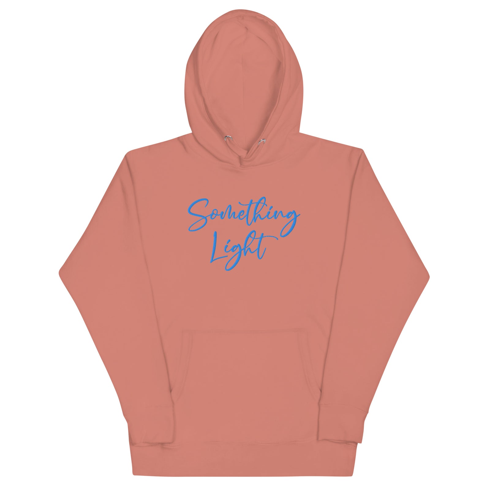 Front view of a dusty rose SLC premium ladies hooded sweatshirt featuring a kangaroo pocket and matching drawstrings