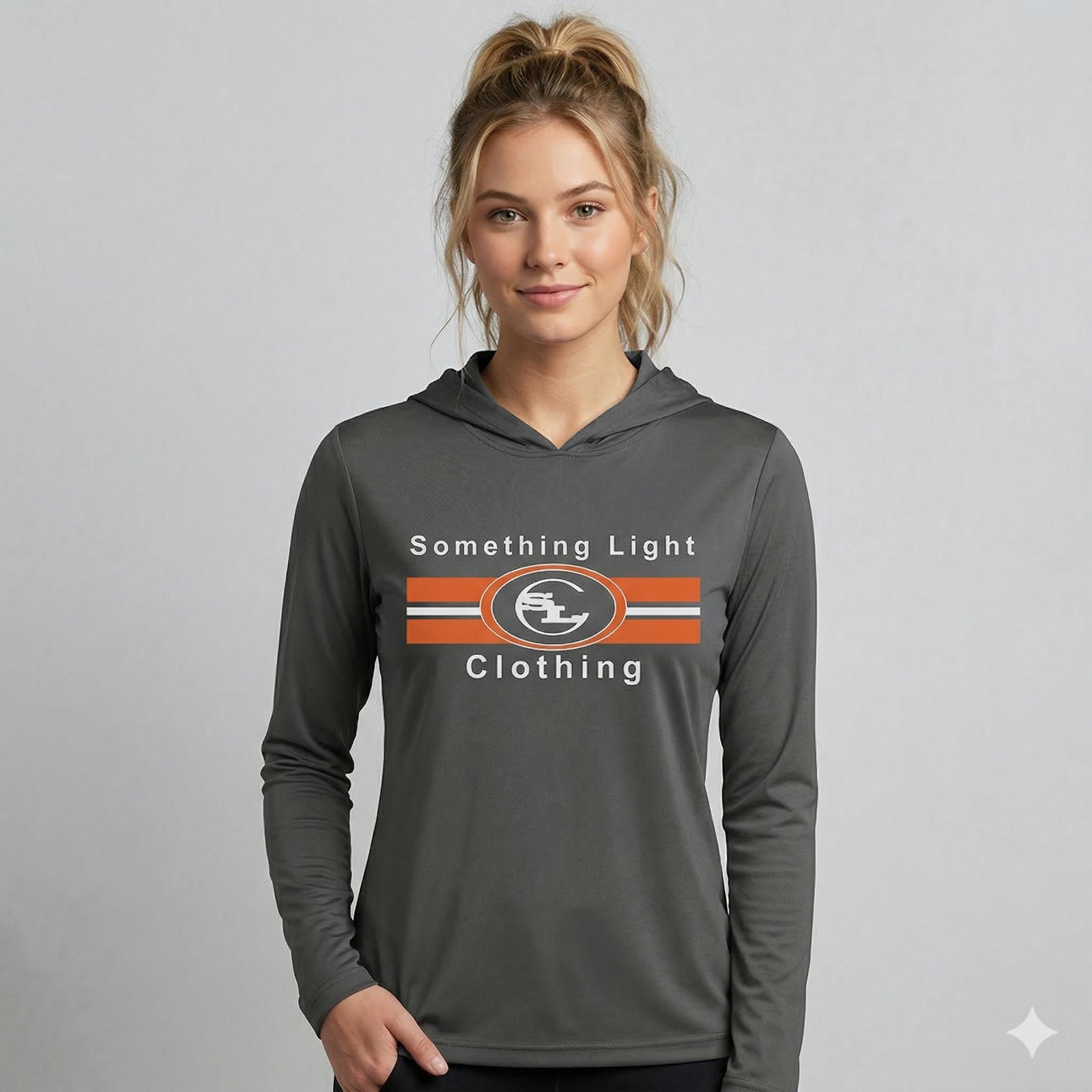 Gray SLC™ Pro hoodie with printed logo from Something Light Clothing, featuring a comfortable fit and casual style.