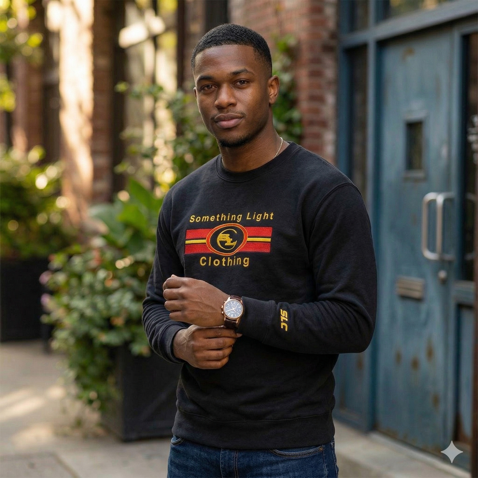 Gray chest logo sweatshirt from Something Light Clothing featuring a prominent Gemini graphic on the front.