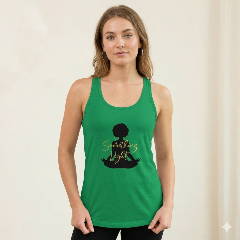 Light gray SLC™ Ideal Racerback Tank top from Something Light displayed on a mannequin. Comfortable sleeveless athletic apparel.