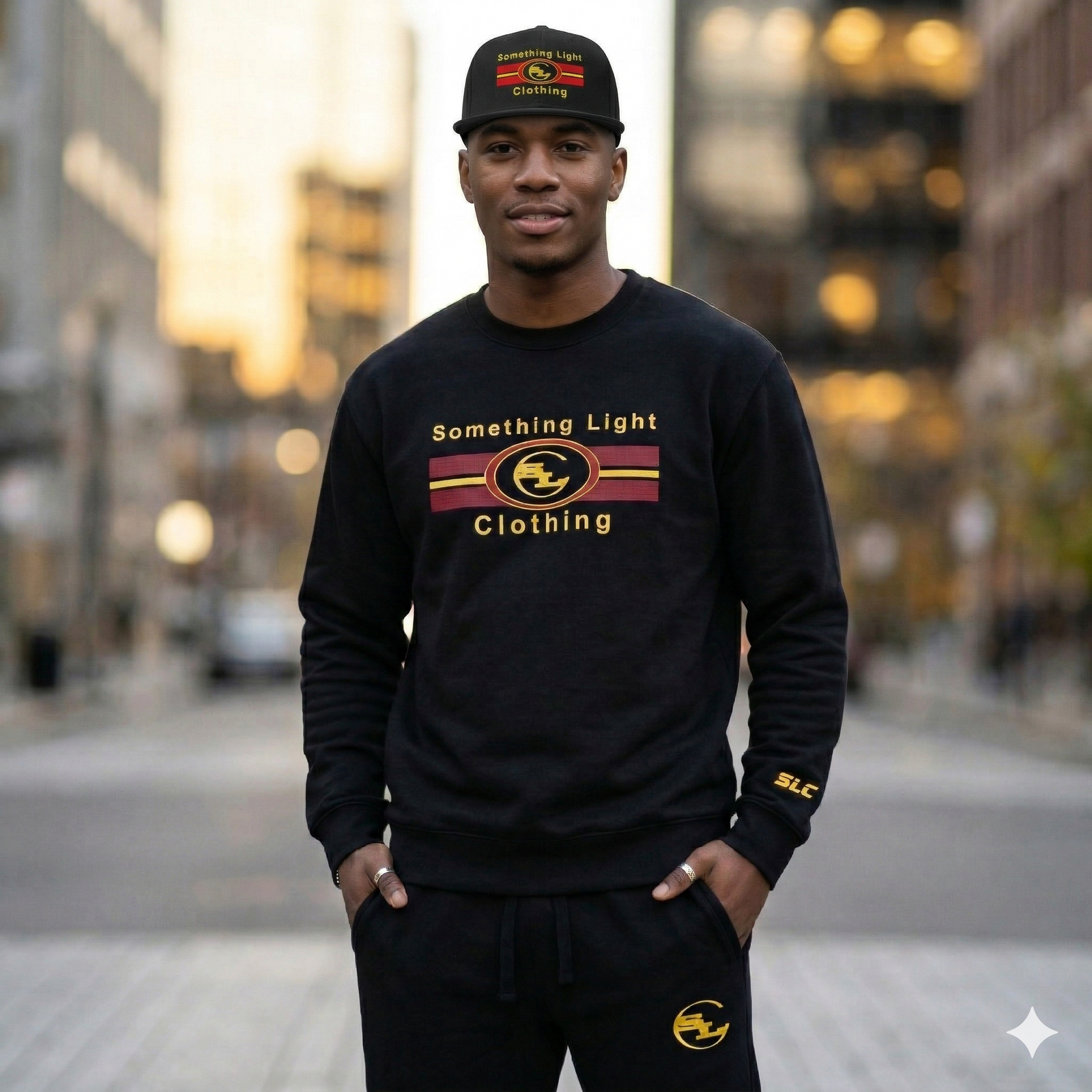 Gray Snapback SLC™ hat by Something Light Clothing featuring a flat brim and adjustable strap, shown from a front angle.