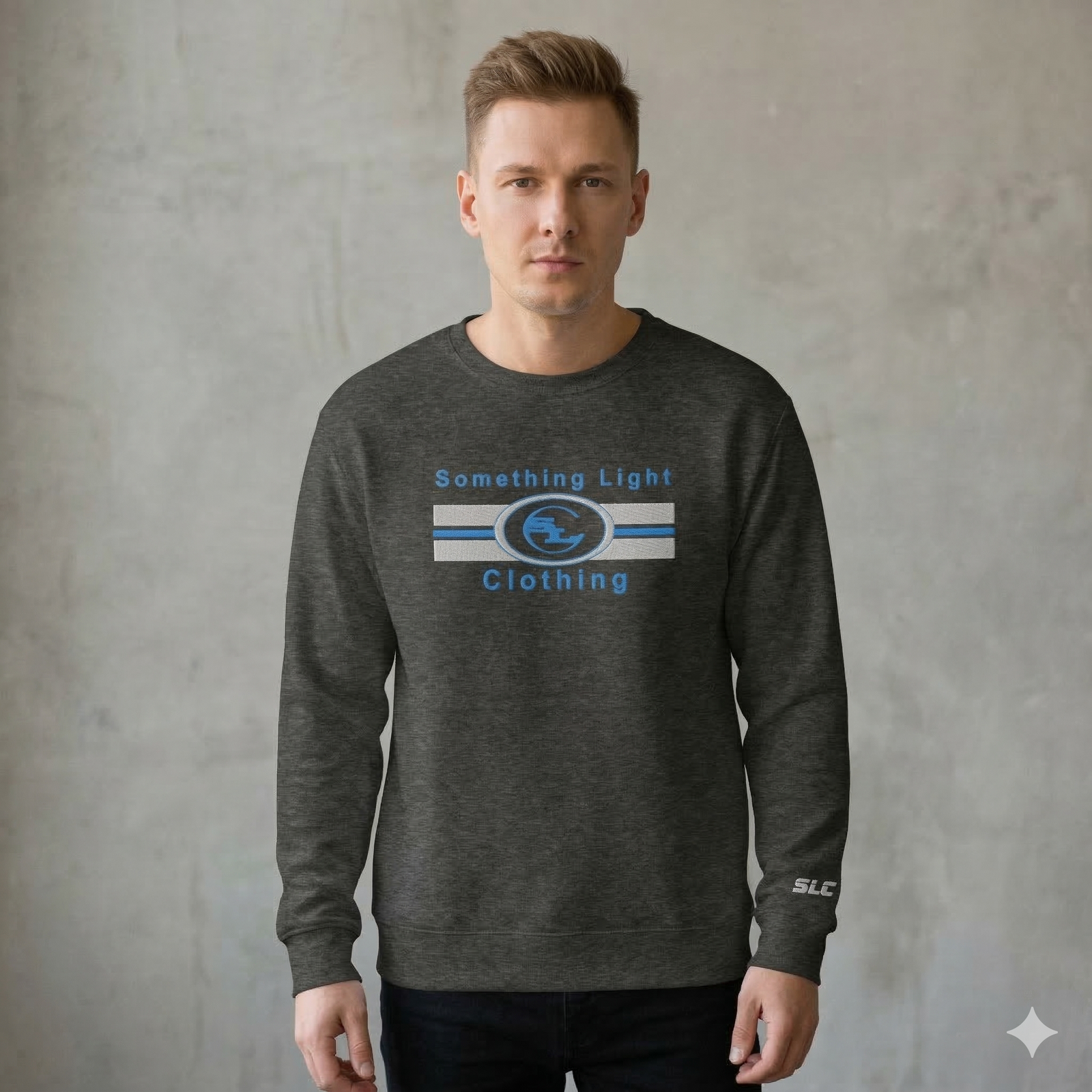 Light gray SLC™ embroidered sweatshirt featuring subtle embroidery on the chest, casual fit, and soft cotton fabric.