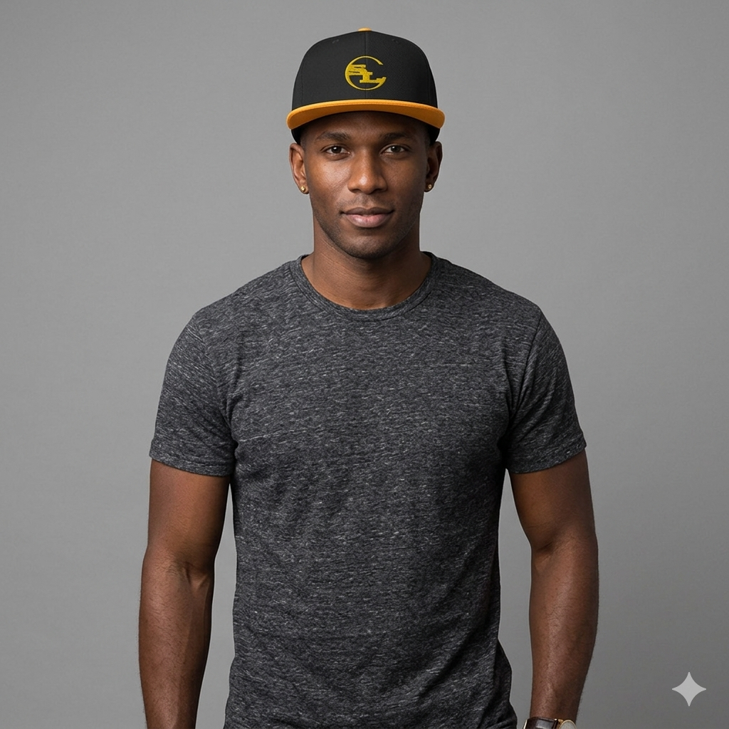 Blue SLC™ Snapback Hat with flat brim and adjustable strap, featuring a stylish Gemini graphic on the front.