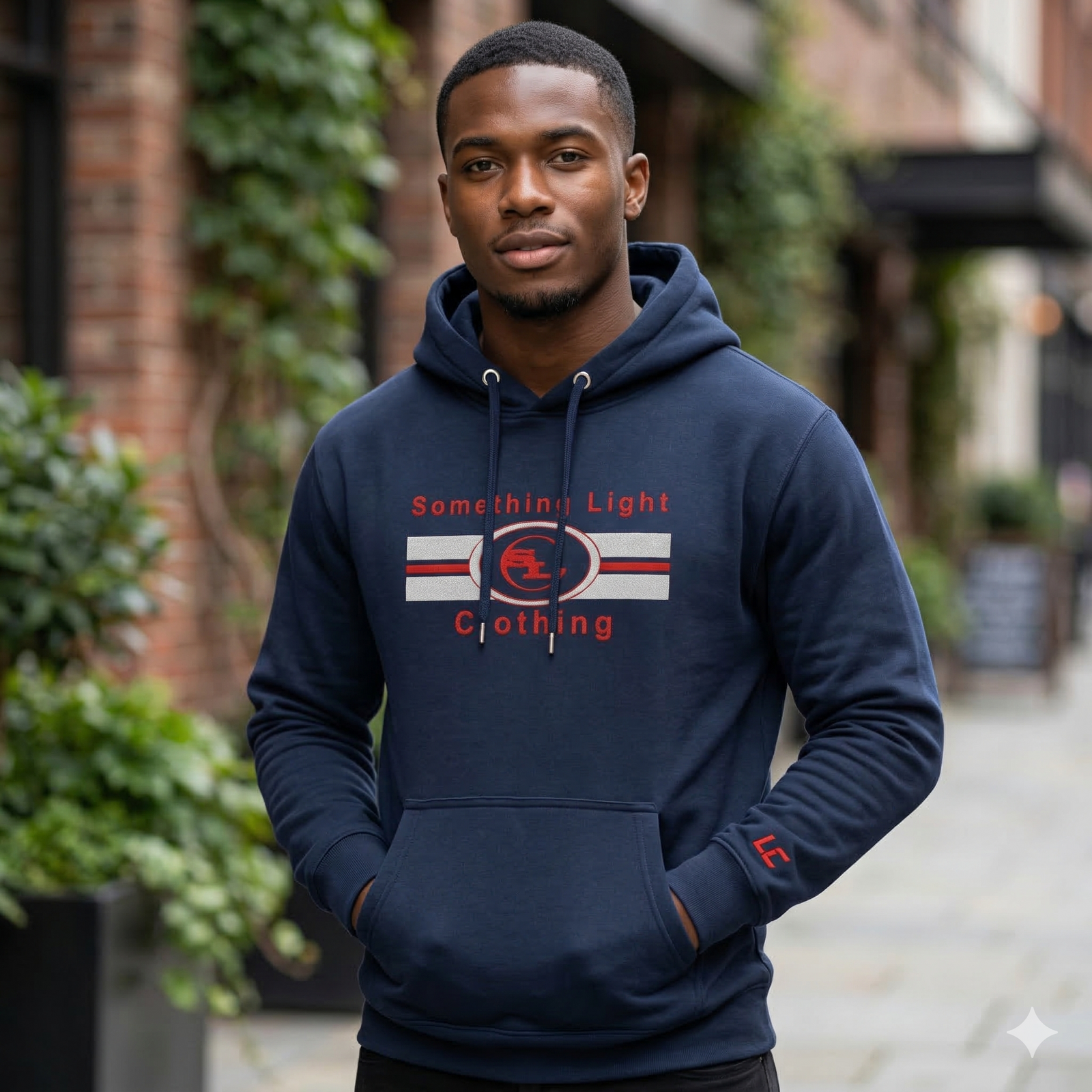 Gray chest logo hoodie from Something Light Clothing, featuring a front emblem and casual fit, perfect for everyday wear.