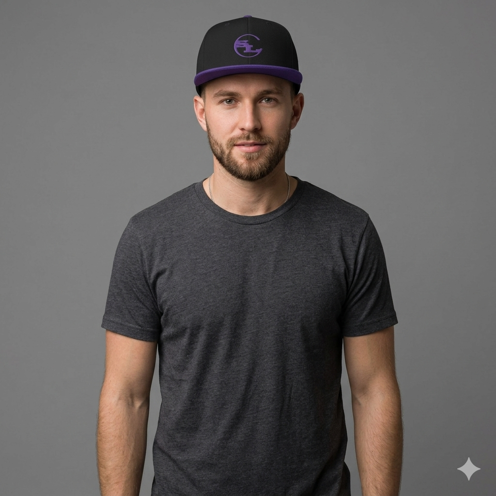 Black SLC™ Snapback Hat with flat brim and adjustable strap, featuring a sleek design from Something Light Clothing.