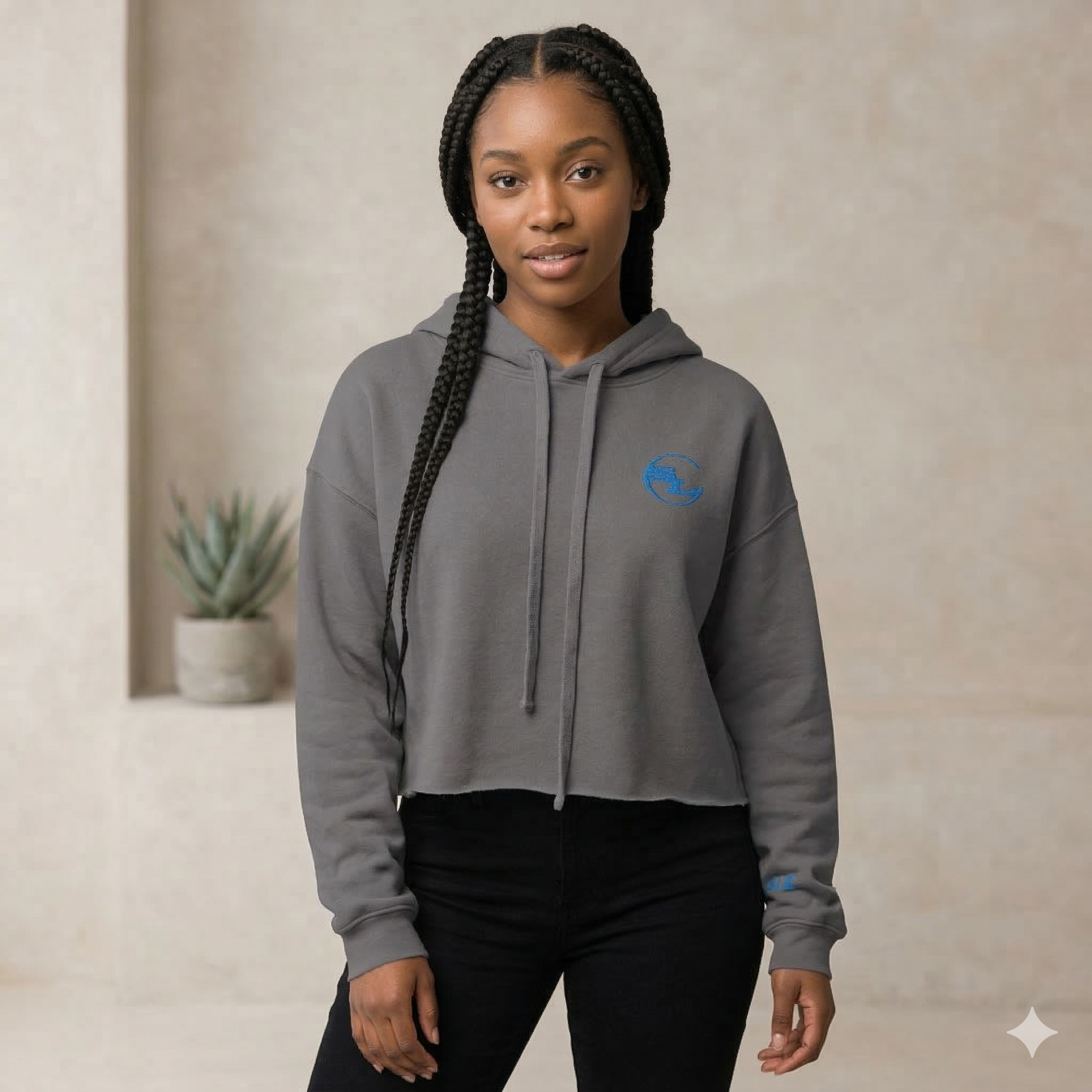 Gray SLC™ Crop Hoodie by Something Light Clothing featuring a relaxed fit and soft fabric, perfect for casual wear.