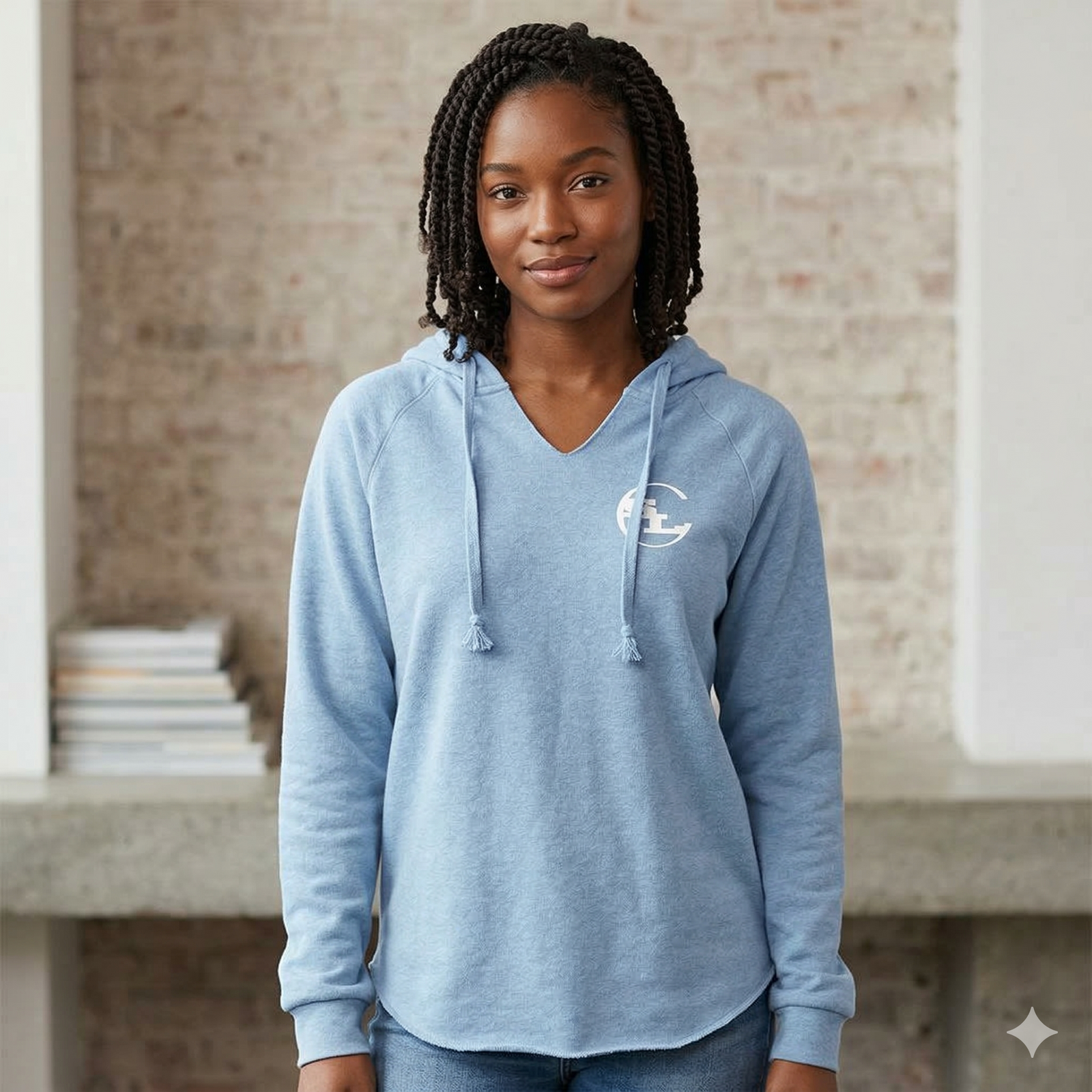 Gray SLC™ Hooded Sweatshirt by Something Light Clothing featuring a comfortable hood and casual fit, shown on a model.