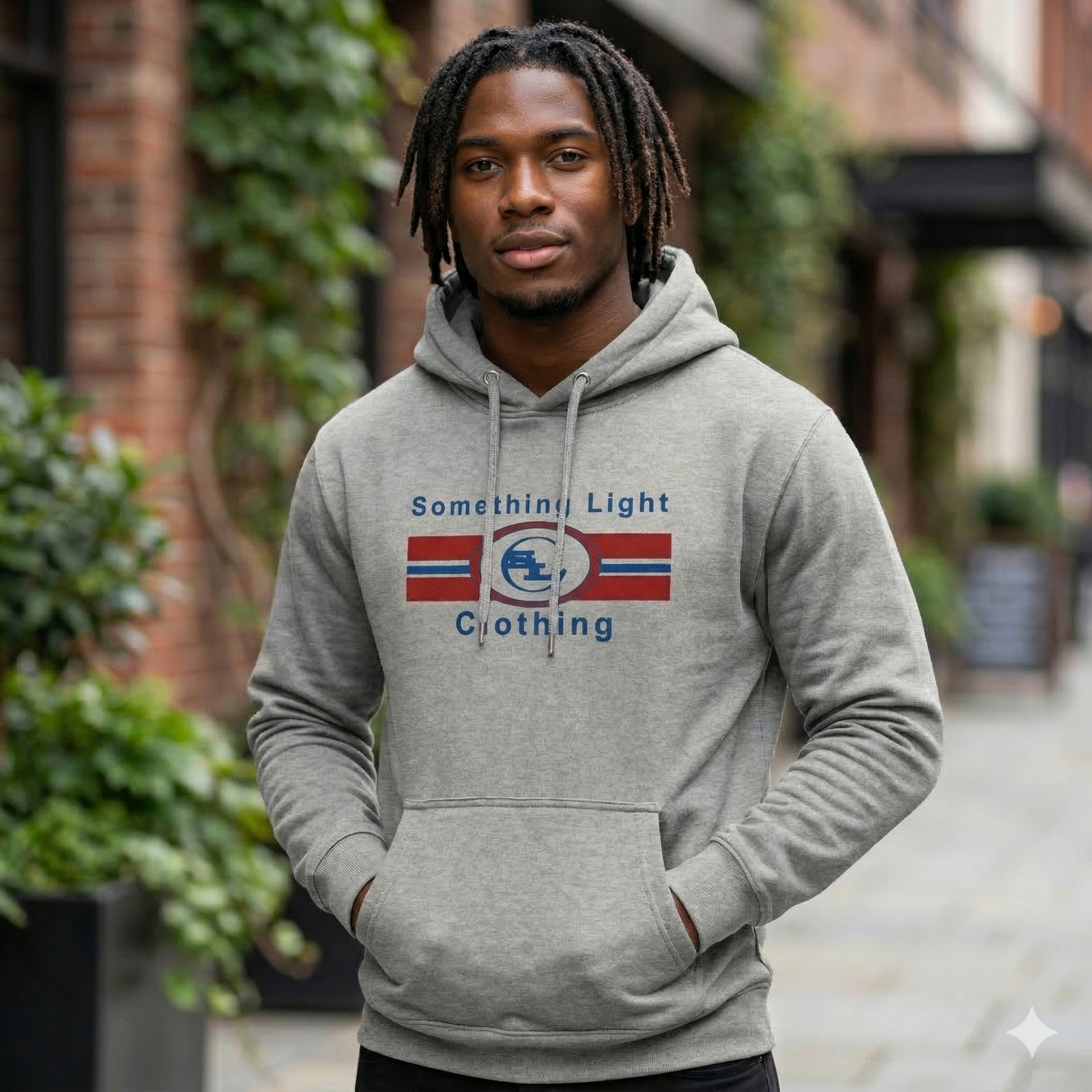 Gray chest logo hoodie from Something Light Clothing featuring a front chest logo design and a comfortable fit.