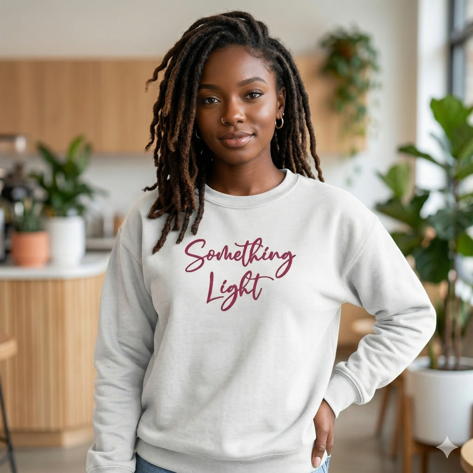Light gray SLC™ Premium Ladies Sweatshirt by Something Light Clothing, showing a comfortable fit and soft fabric on a model.