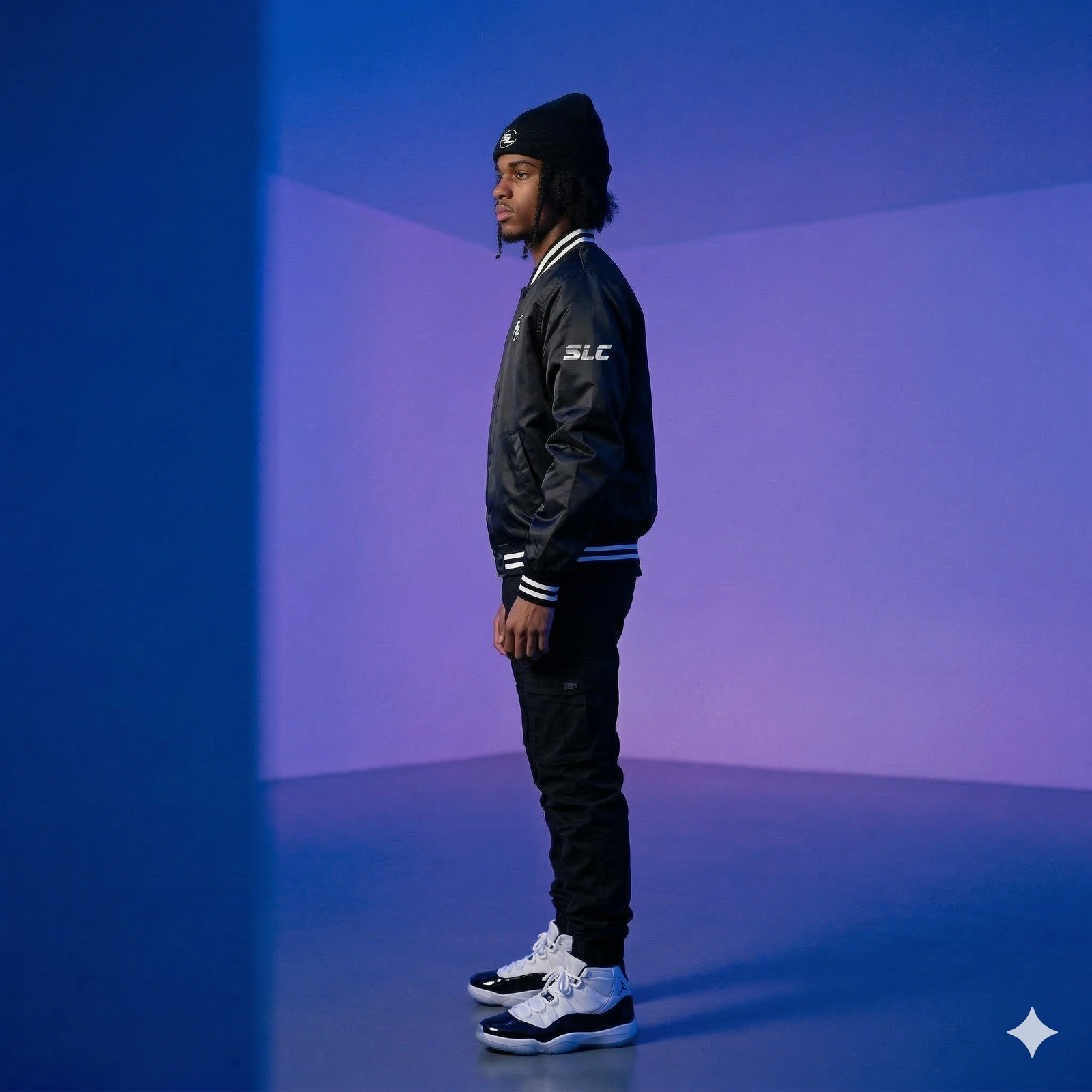 Apliiq SLC™ Varsity Bomber Jacket with striped collar and cuffs, navy body, and white sleeves, displayed on a hanger.