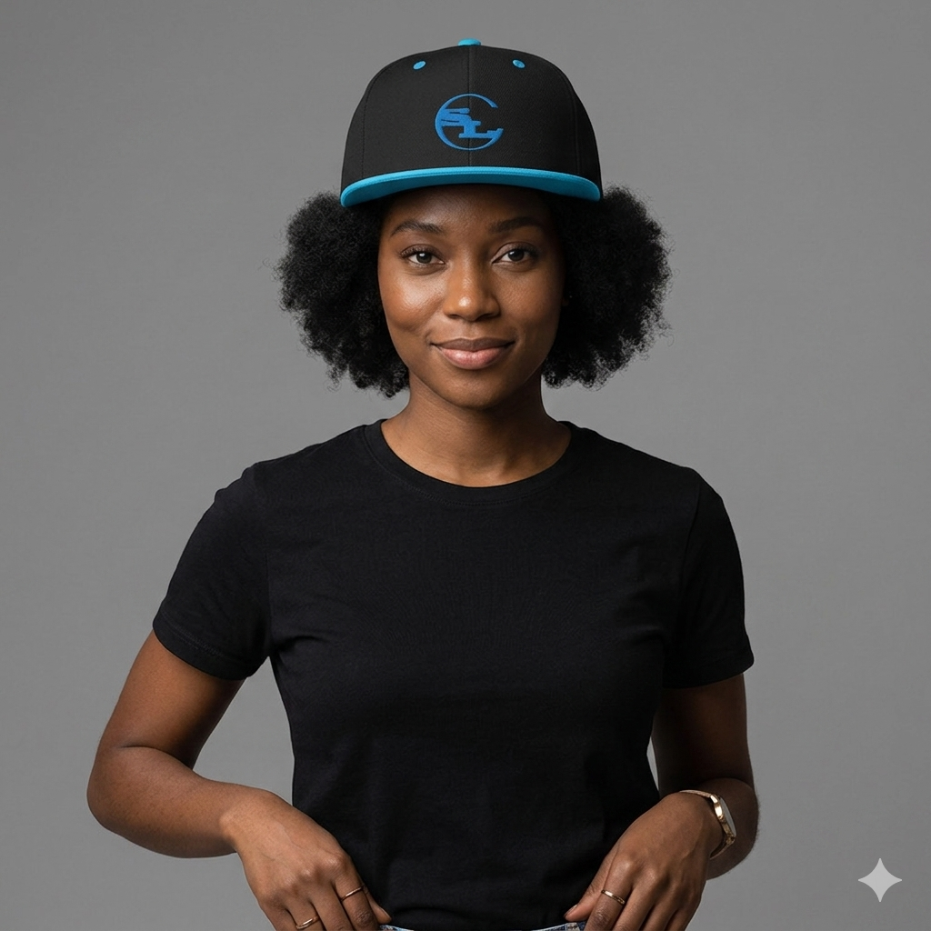 Black SLC™ Snapback Hat with flat brim and adjustable strap, featuring the Something Light Clothing logo on the front.