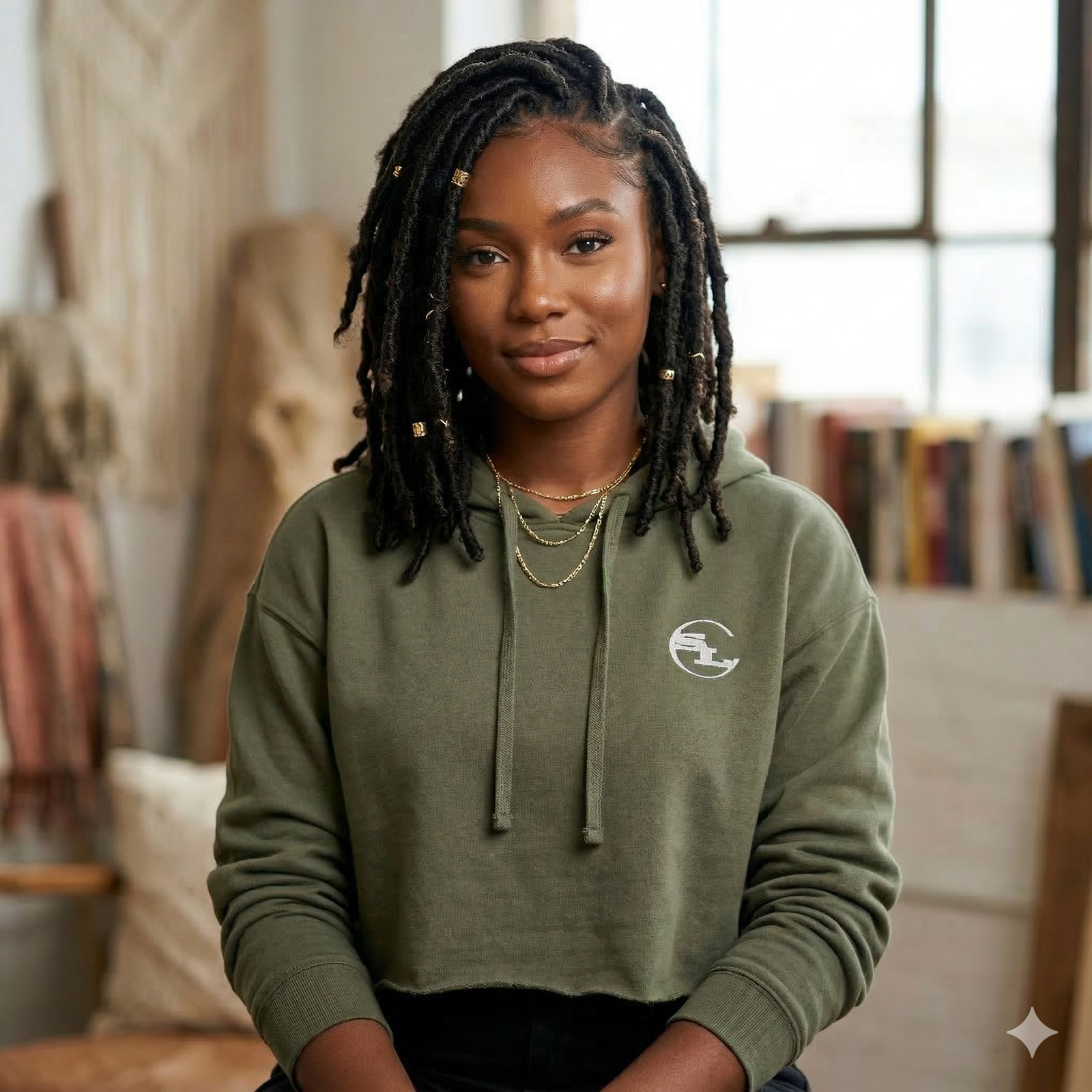 Light gray SLC™ Crop Hoodie from Something Light Clothing, featuring a comfortable fit and casual style, shown on a model.