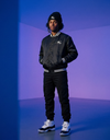 Apliiq SLC™ Varsity Bomber Jacket with blue and white color blocking, ribbed cuffs, collar, and front snap buttons.
