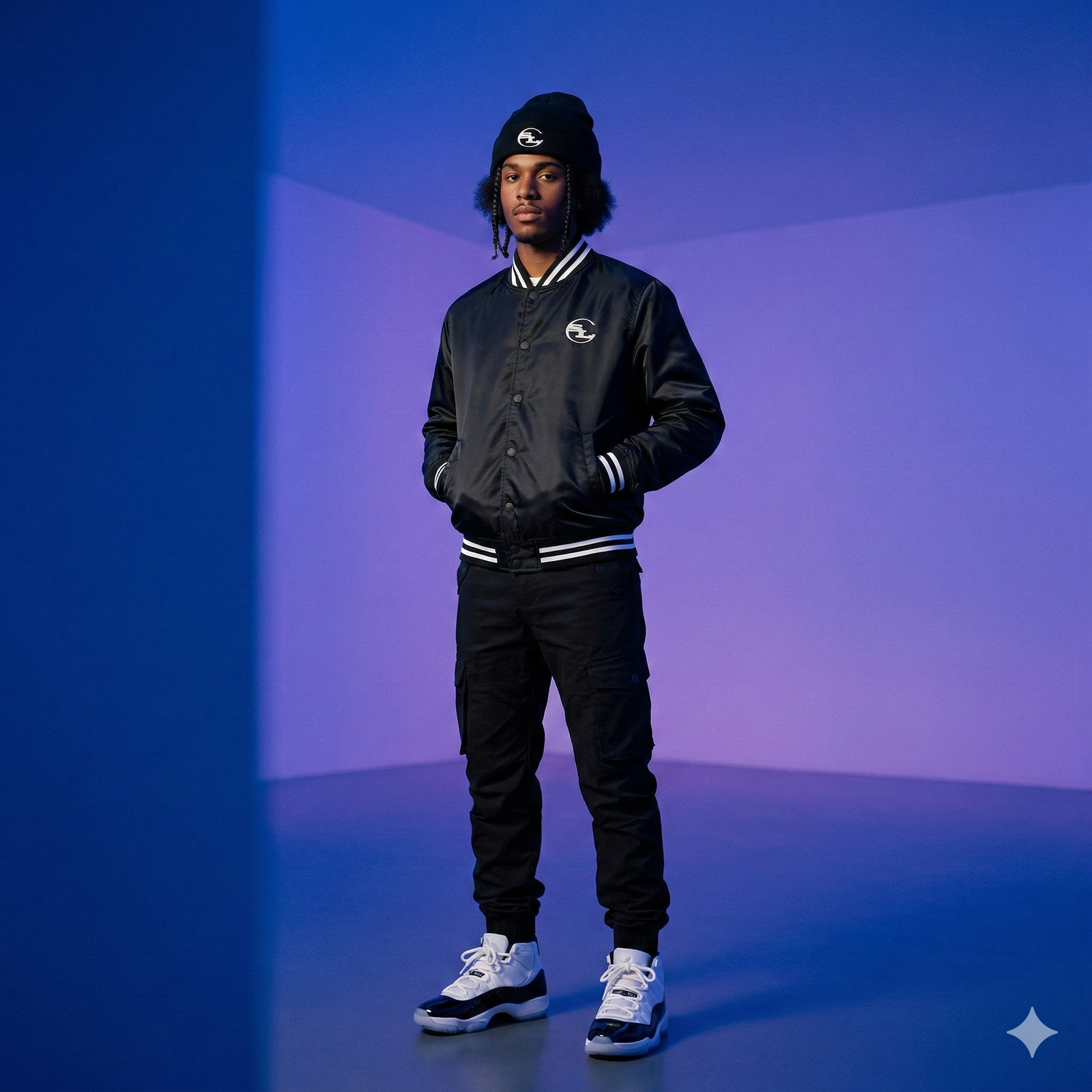Apliiq SLC™ Varsity Bomber Jacket with blue and white color blocking, ribbed cuffs, collar, and front snap buttons.