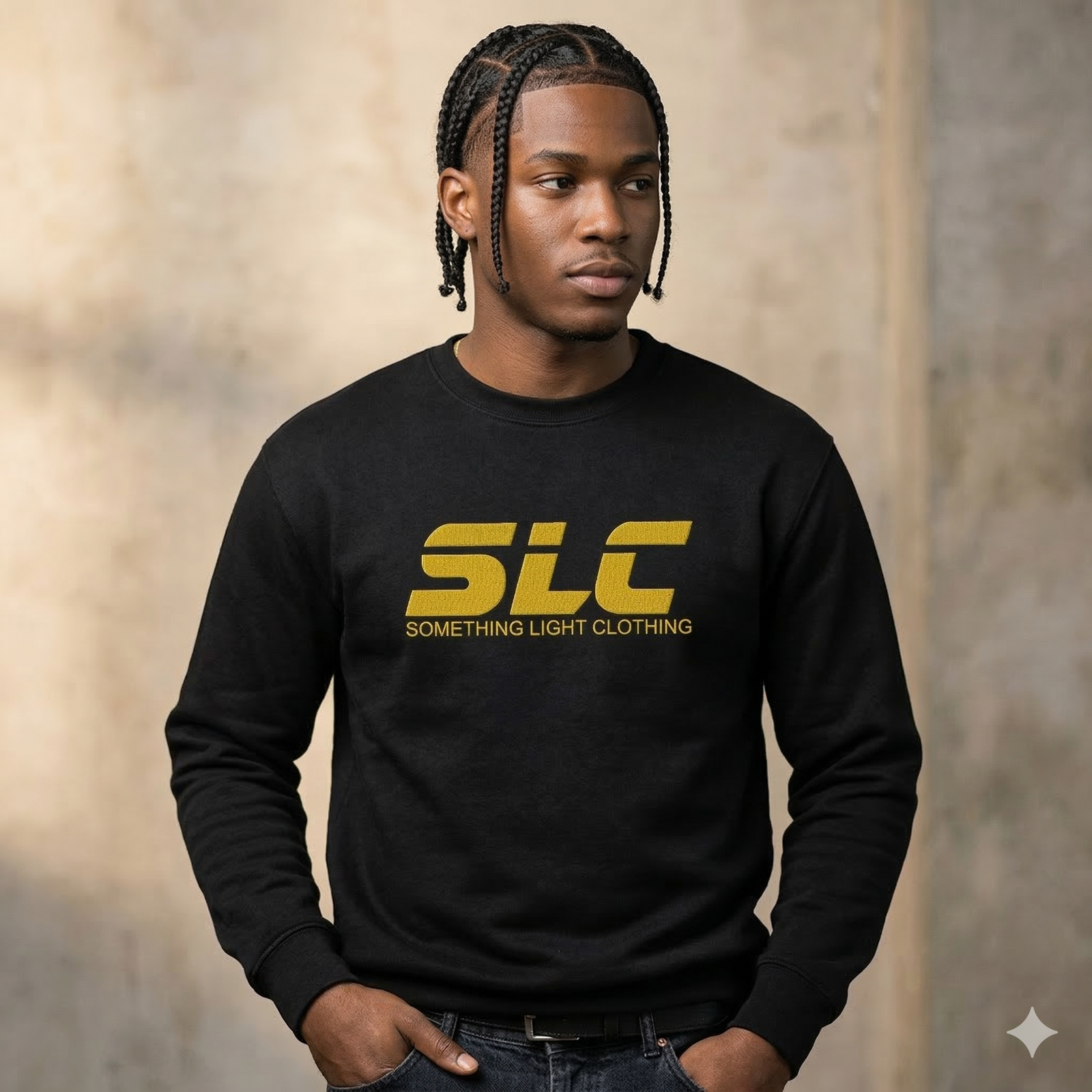 Gray SLC™ Sweatshirt with embroidered logo from Something Light Clothing, showcasing a cozy fit and detailed embroidery on the front.